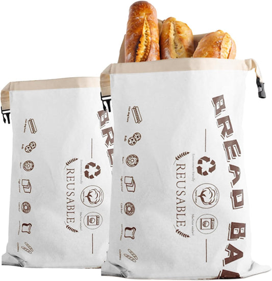 2-Pack Bread Bags, Reusable Bread Bags for Homemade Bread, Buckle Closure,Fresh Keeping Extra Large Bags, Food Bag (White)