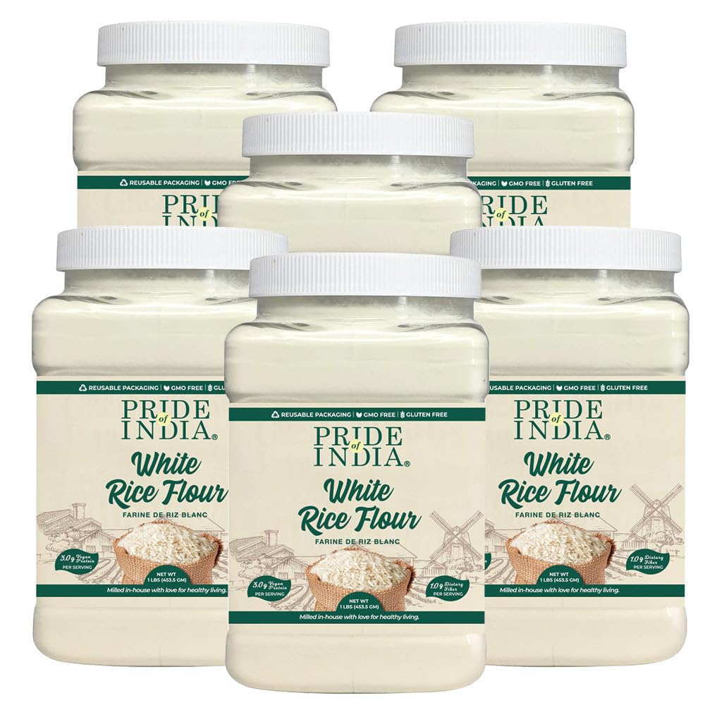 Pride of India - PACK of 6 - White Rice Flour 1 lbs (454 gm) Mild Slightly Sweet Neutral Taste Freshly Milled in Small Batches | Used for Cooking Baking Coating Thickening Pancakes Noodles Pudding