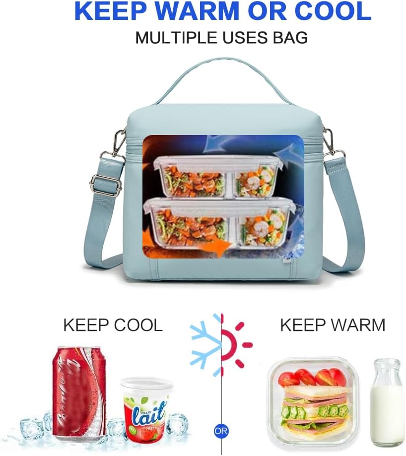 NOL Natural Organic Lifestyle Insulated Lunch Bags for Women Cooler Bag Lightweight Nylon Waterproof Lunch Box For Work (Light blue, Medium(normal))