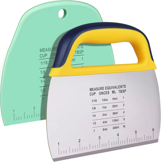 YGDZ Dough Scraper 2 PCS, Stainless Steel Bench Scraper With Grip, Plastic Dough Cutter with Measuring Scale, Multipurpose Pizza Cutter, Pastry Scraper, Bread Scraper for Baking, Dough, Cake