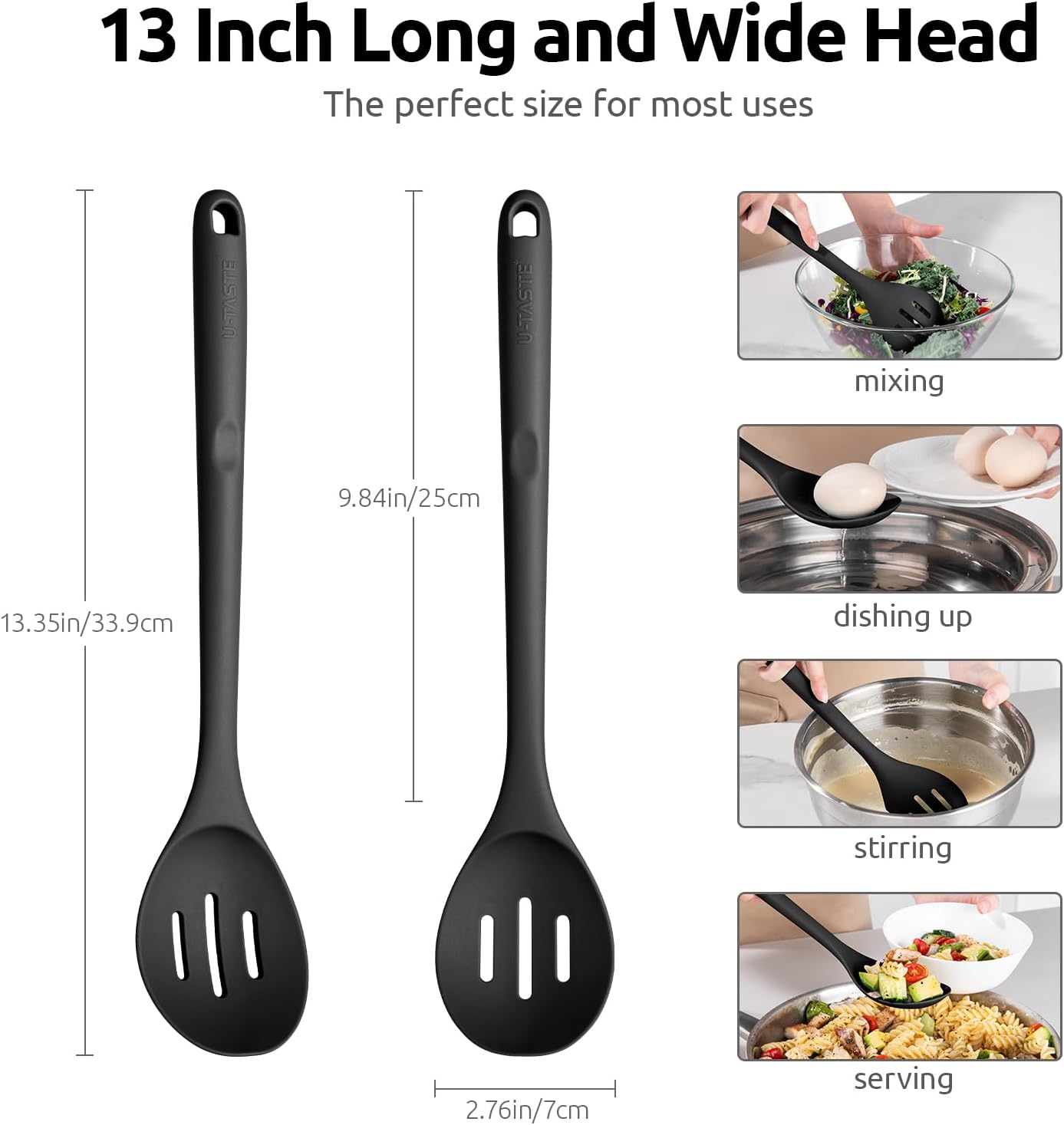 600ºF Heat Resistant Slotted Spoon: U-Taste 13.3in Solid Kitchen Cooking Spoon, Nonstick Food Grade Large & Long Rubber Utensil for Mixing, Serving, Stirring, Basting, Frying, Draining (Black)