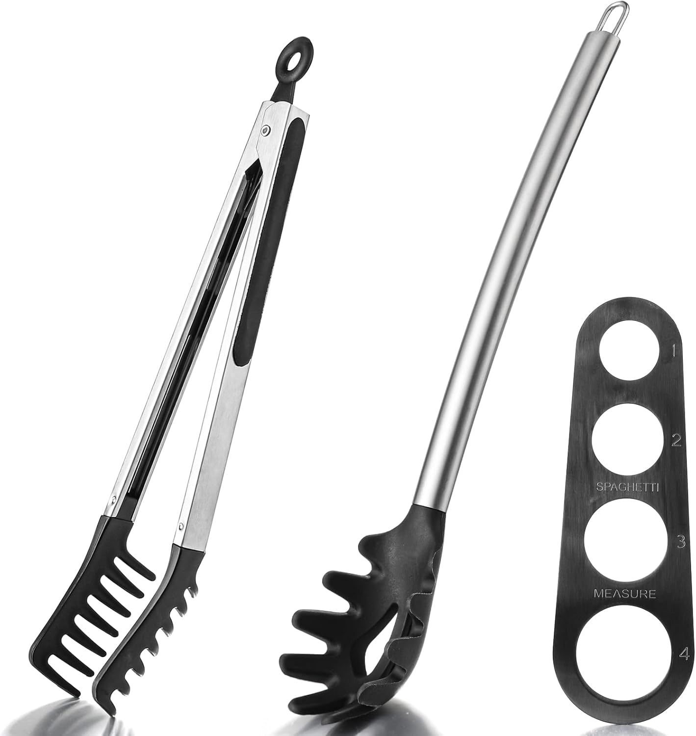 Spaghetti Spoon and Pasta Tong Set, Silicone Pasta Fork with Stainless Steel Handle and Pasta Measuring Instrument, Toothed Pasta Spoon, Pasta Cooking Tool