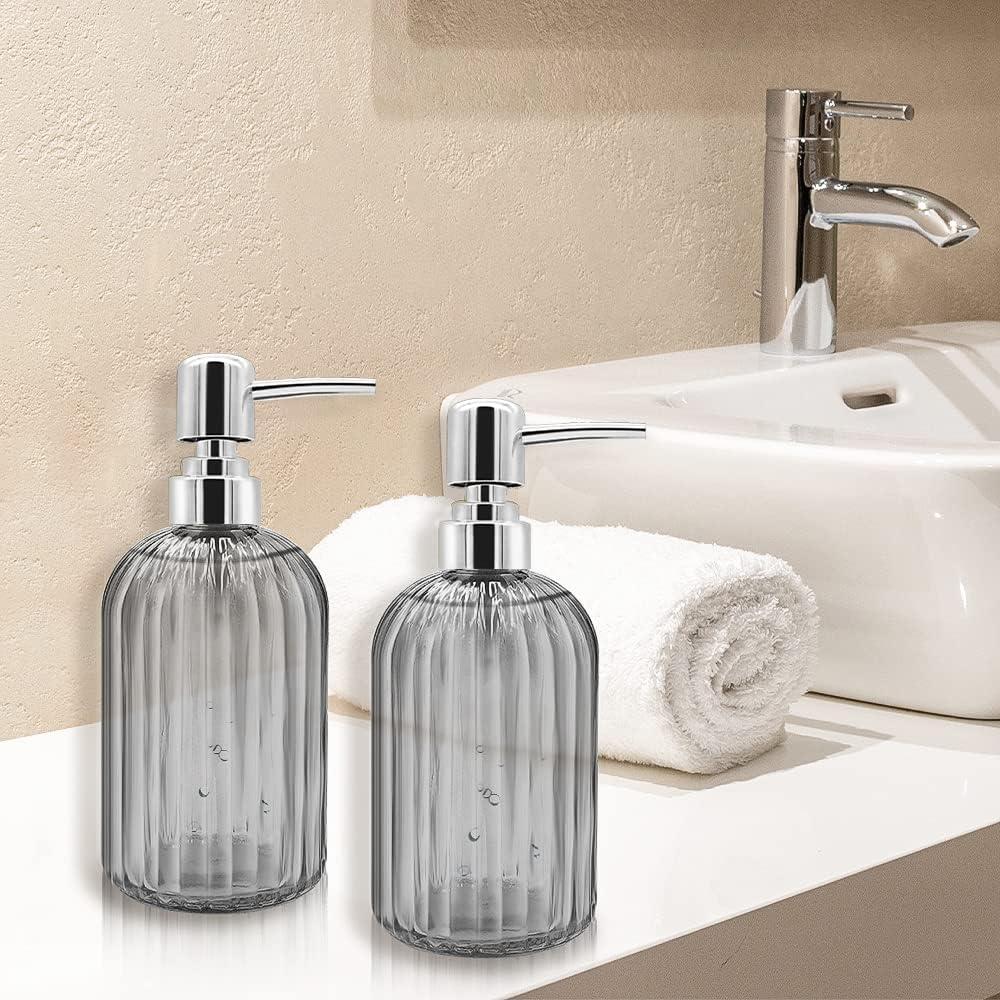 Kitchen Soap Dispenser - 2 Pack 14 Oz, Transparent Bottle for Hand, Dish Soap or Lotion (Dark Grey)