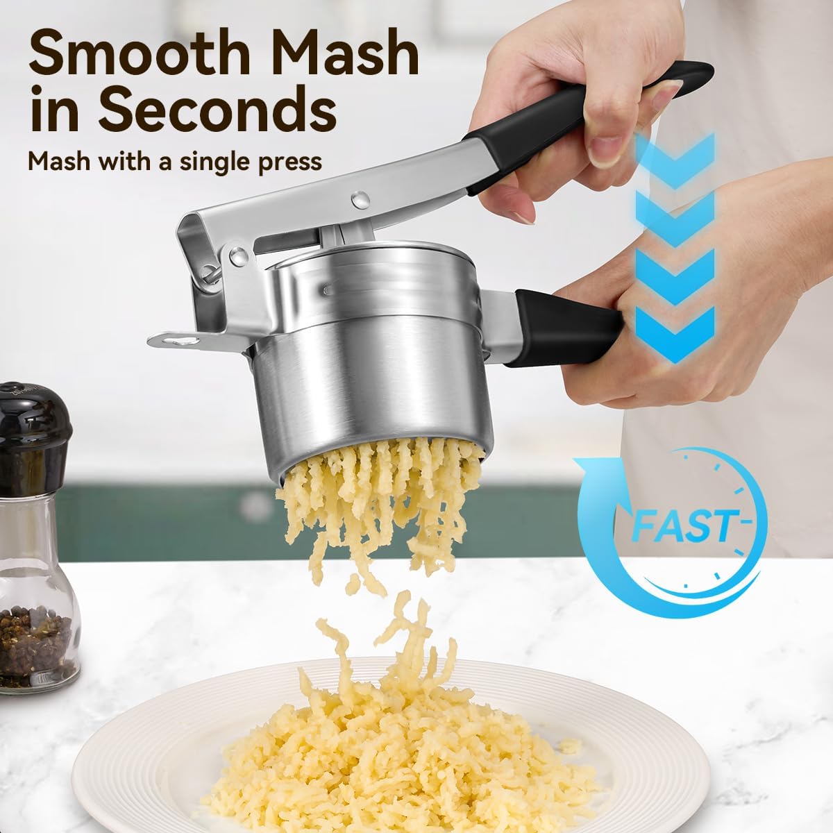 Potato Ricer, AMOHEE 15oz Stainless Steel Potato Masher Upgrade Heavy Duty Design with Anti-Slip Handle Ricer for Mashed Potatoes, Carrots, Yams, Black