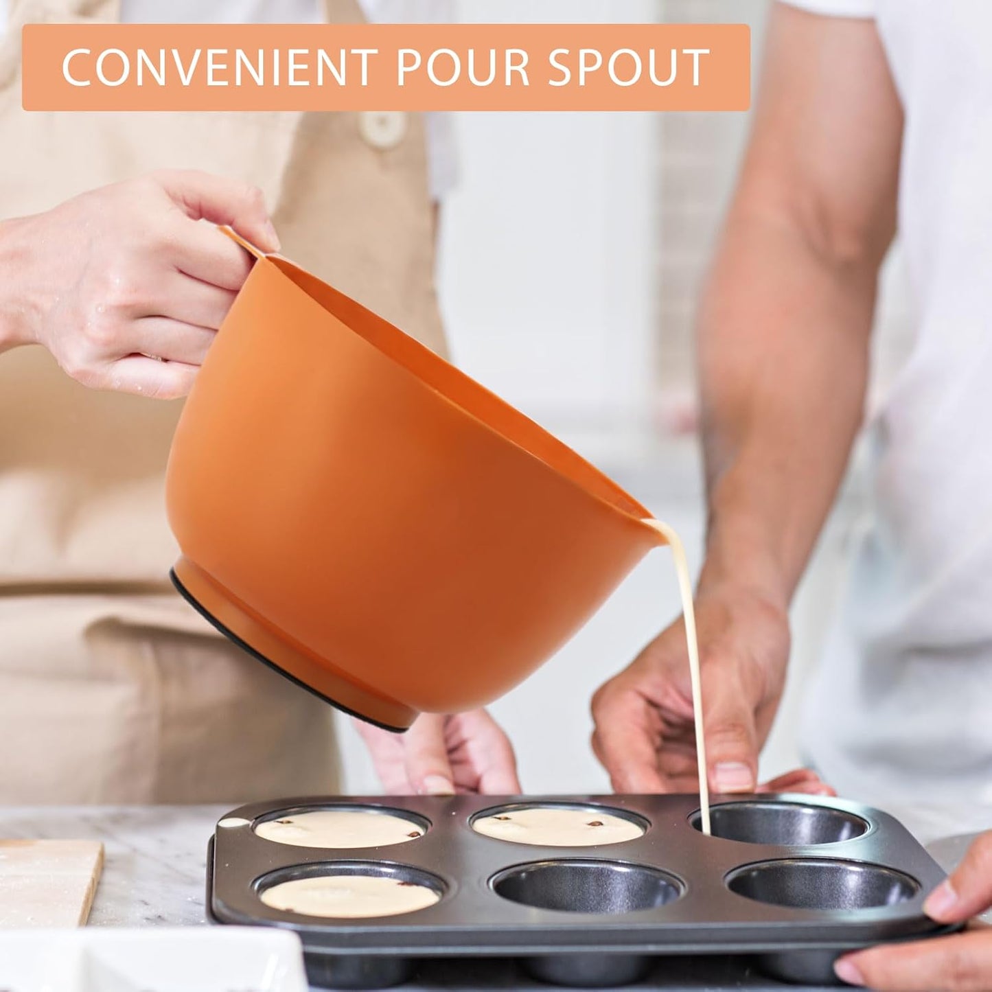 BoxedHome Nesting Plastic Mixing Bowl Set, 4 Piece Mixing Bowl Set with Pour Spouts, Size 1.7, 2.5, 3.5 and 4.5qt, for Prepping, Mixing, Baking, Cooking, Brownish Orange