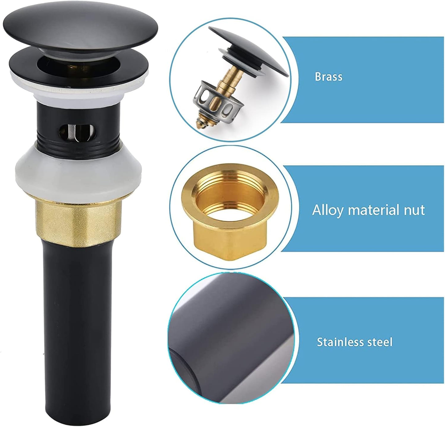 Bathroom Sink Drain,Drain Stopper Bathroom Sink with Overflow,Pop Up Drain Assembly with Detachable Strainer Basket,Built-in Anti-Clogging Strainer,Stainless Steel Mattle Black