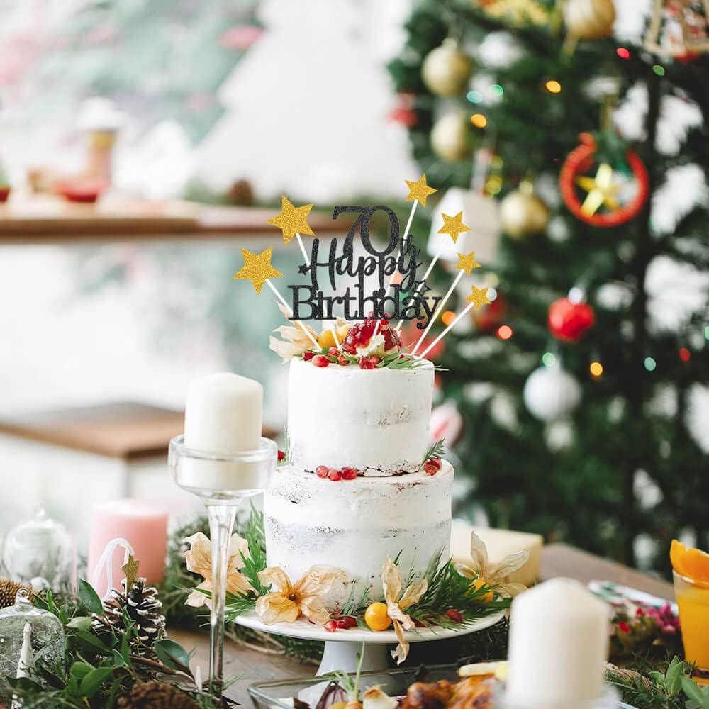 Glittery 70th Happy Birthday Cake Topper with Star,Personalised 70 Birthday Cake Toppers Party Decorations Party Supplies for Men Women Black Gold