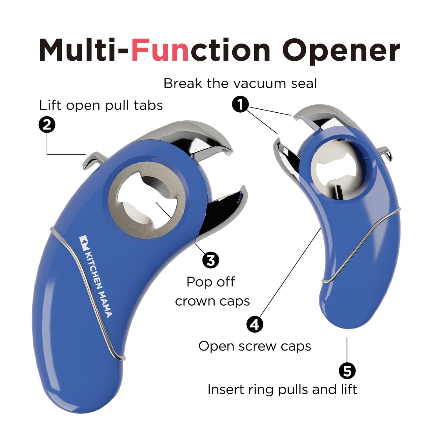 Kitchen Mama Epic One Multifunction Opener: Magnetic Bottle Opener, Beer Soda Opener, Effortless Jar Lid Opener for Seniors and Elderly with weak Hands and Arthritis, Essential Kitchen Gadget (Blue)