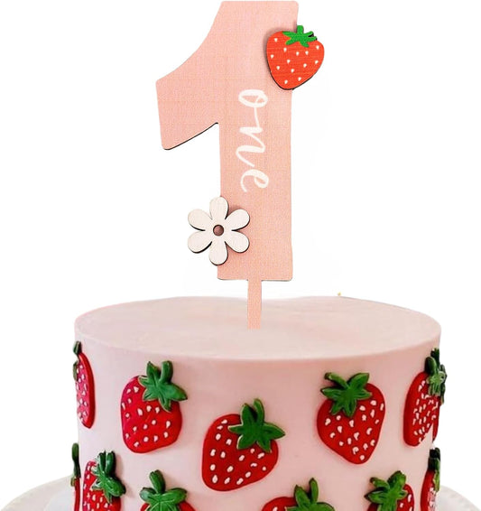 Strawberry One Cake Topper - Flower Wooden Cake Topper, Berry First Birthday Cake Decoration for Baby Shower, Birthday Party, Anniversary, Baby Photo Booth Props, Cake Smash...