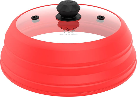 Microwave Splatter Cover Vented Glass Splatter Guard Lid with Collapsible Silicone for Food as Pot Cover 11.8 inch Large Plate for 6 7 8 9 10 11 inch Plate Bowl Red