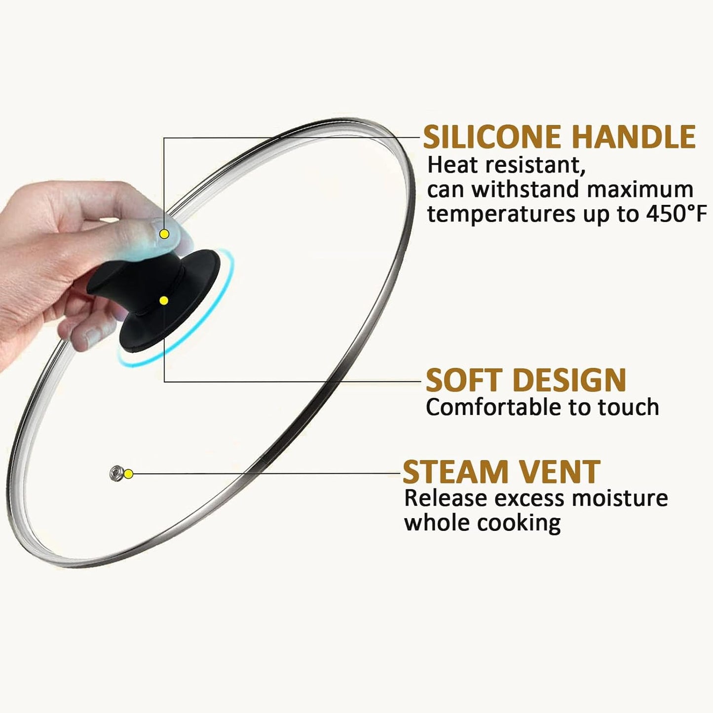 Glass Lid for 9.5 Inch Cast Iron Skillets Frying Pans, 24 cm Tempered Lids for Dutch Ovens, 9.5 In Pan Cover with Stainless Steel Rim for Stock Pots, Heat Resistant Handle, Dishwasher Safe