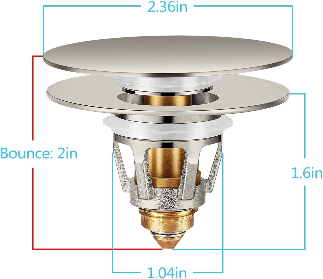 Universal Bathroom Sink Stopper in Brass, 1.04-1.97 Inch Pop Up Basin Sink Drain Stopper, Sink Drain Strainer with Anti Clogging Filter Hair Catcher, Large Lid Brushed Nickel