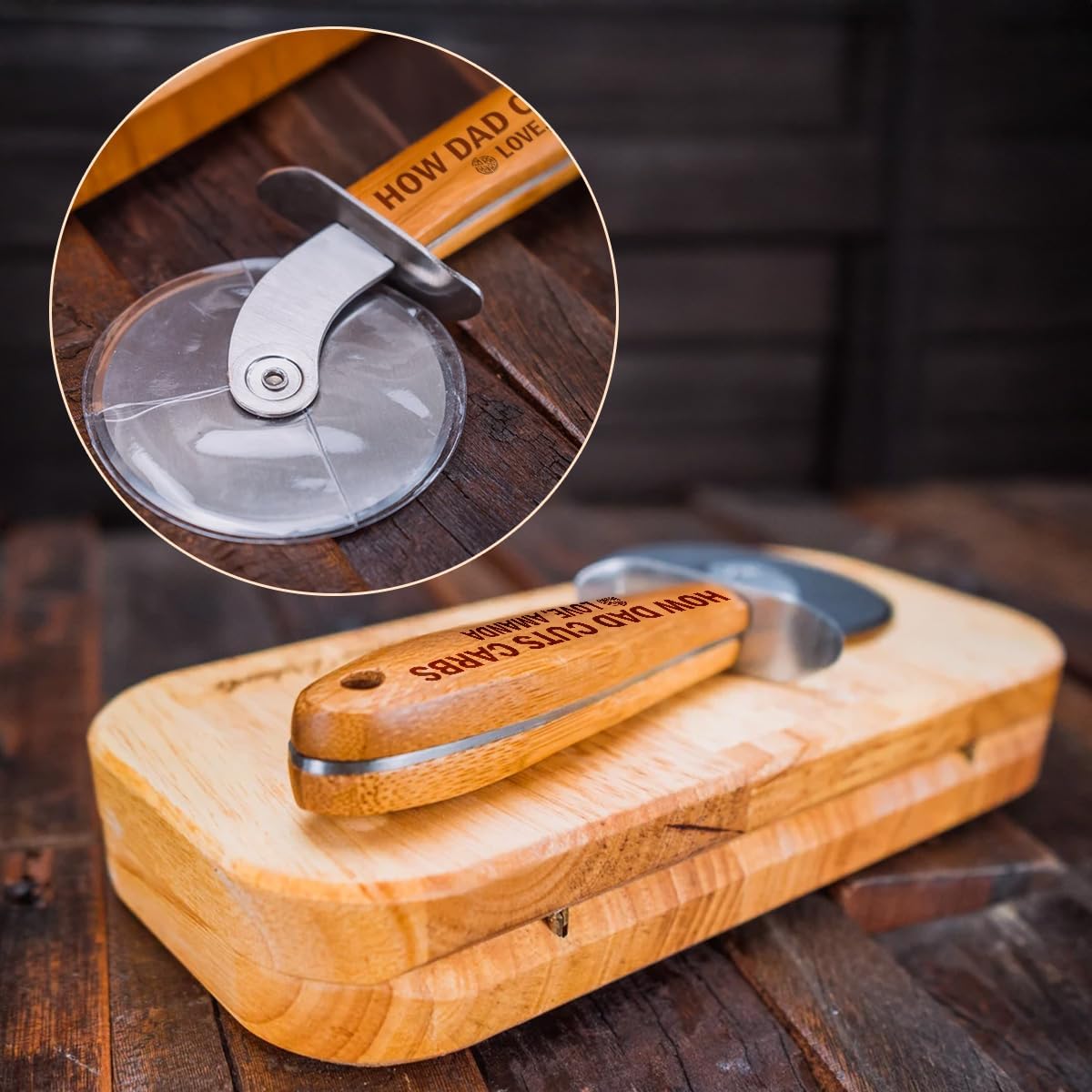 Pizza Cutter Wheel with Sharp Blade - Gifts for Men, Women, Gift for Husband, Birthday & Christmas Gift - Wooden Pizza Wheel Cutter (How Dad Cuts Carbs)