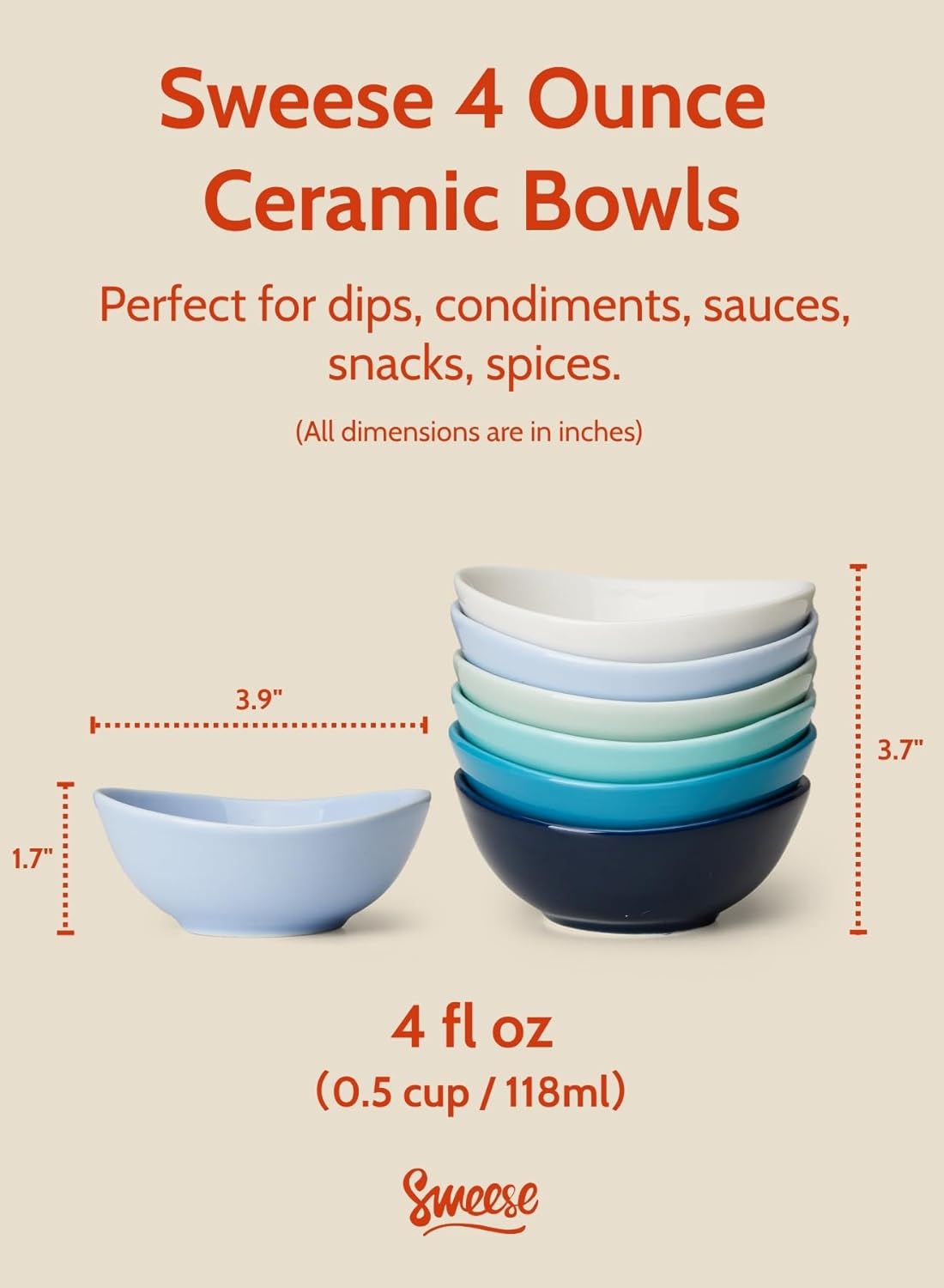 Sweese Porcelain Small Bowls 4 oz Set of 6 - Assorted Colors for Dipping, Snack, Sauce, Side Dishes - Microwave Dishwasher Safe