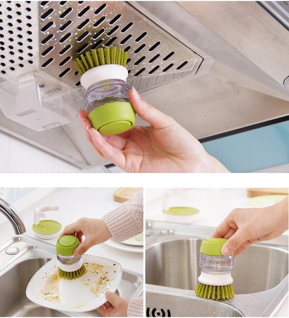 Soap Dispenser Palm Dish Brush with Storage Bracket – Drainage Base, Easy-to-Clean Kitchen Utensil Cleaner | Includes Extra Soft Bristle Brush (Green)