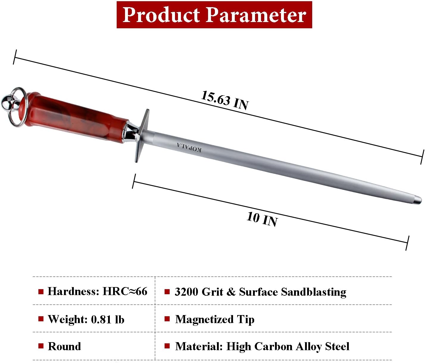 Sharpening Steel Knife Sharpener Rod Round 10 Inches Honing Steel for Knives Red
