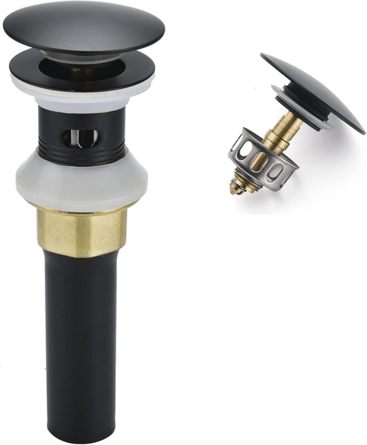 Bathroom Sink Drain,Drain Stopper Bathroom Sink with Overflow,Pop Up Drain Assembly with Detachable Strainer Basket,Built-in Anti-Clogging Strainer,Stainless Steel Mattle Black