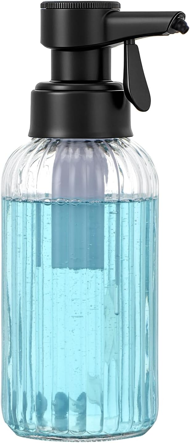 Automatic Foaming Soap Dispenser, 17oz Clear Glass Hand Soap Dispenser with ABS Touch Sensor Pump Battery Operated, Dish/Hand Soap Refillable for Bathroom Kitchen (Black)