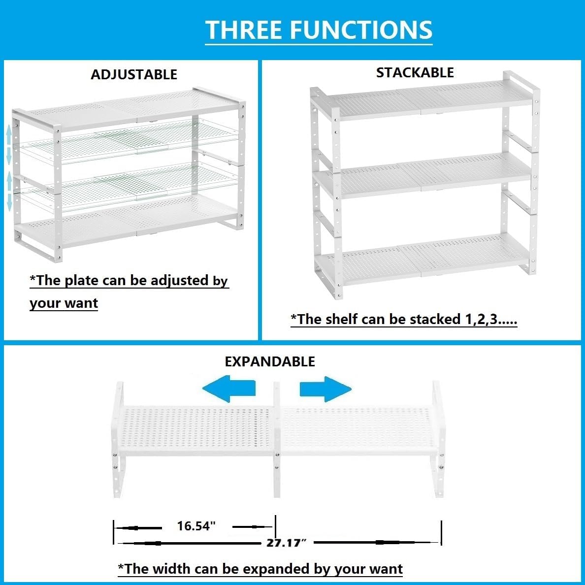 Expandable,Adjustable & Stackable Spice Rack, Cabinet Kitchen Countertop Shelf Organizer,Metal Pantry Storage Shelves - Space-Saving Storage Solution(1Pack/White/Medium)