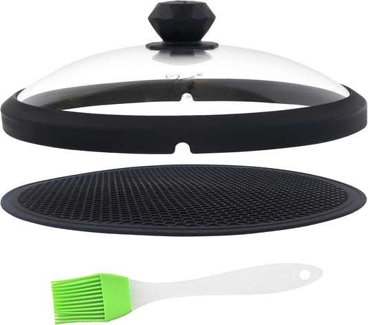 Glass Microwave Cover for Food 10.5 Inch Microwave Splatter Cover With Easy Grip Diamond Shape Handle Microwave Cover Glass Guard Lid Vented Edge Plate Cover for Heating Food (Black)