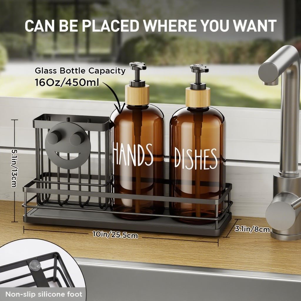 Moforoco Kitchen Dish Soap Dispenser Set, 16OZ Glass Bottle, Hand and Dish Soap Dispenser Set, Instant Dry Tray, Non-Slip Silicone Pad, Brush Holder with Sponge Holder, Kitchen Decor（Amber Bottle）