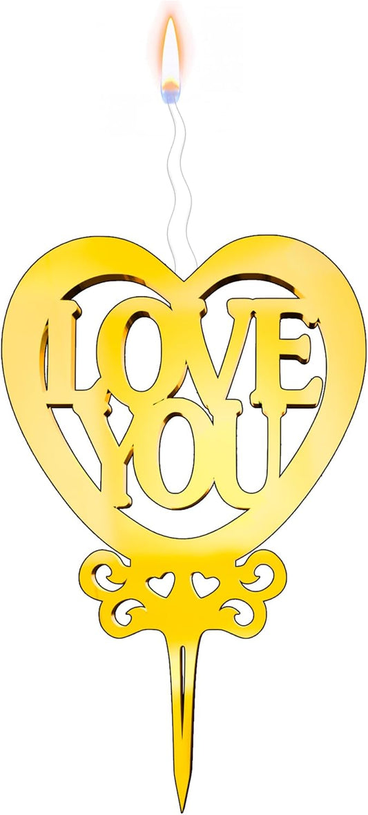 Love You Reusable Gold Romantic Cake Candle - Luxury Cake Topper Candle for Birthdays, Weddings & Anniversaries - Reusable Food Safe Acrylic, Shiny Mirror Finish - Happy Birthday Cake Topper Decor