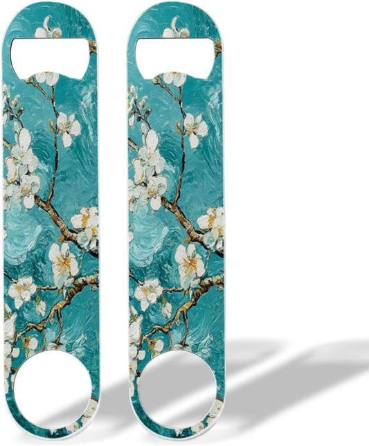 2 PACK Beer Bottle Opener, Stainless Steel Flat Bottle Openers,7 inch Metal Decor,Blue And White Almond Flowers