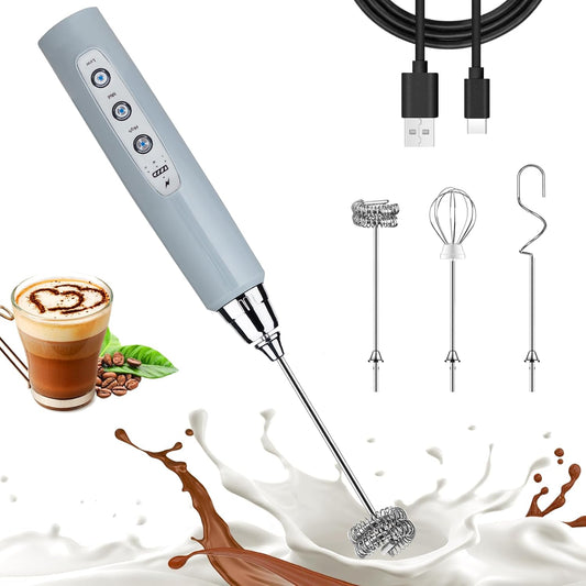 Nahida Cement Gray Milk Frother Wand for Coffee, Frother Handheld Rechargeable Electric Whisk with 3 Heads 3 Speeds Drink Mixer Coffee Frother Foam Maker For Latte, Cappuccino, Hot Chocolate, Egg