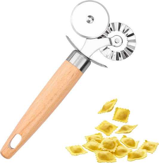 Pastry Cutter Double Wheel - Exquisite Wooden Handle, Perfect for Pasta, Pizza, Ravioli, Cookie - Enhance Your Culinary Artistry