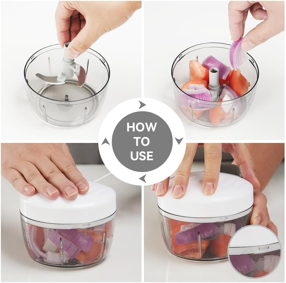 Manual Food Processor Vegetable Chopper 2.3 Cup Small Mini Hand Pull String Onion Chopper Garlic Mincer Cutter with 3 Stainless Steel Blades - White