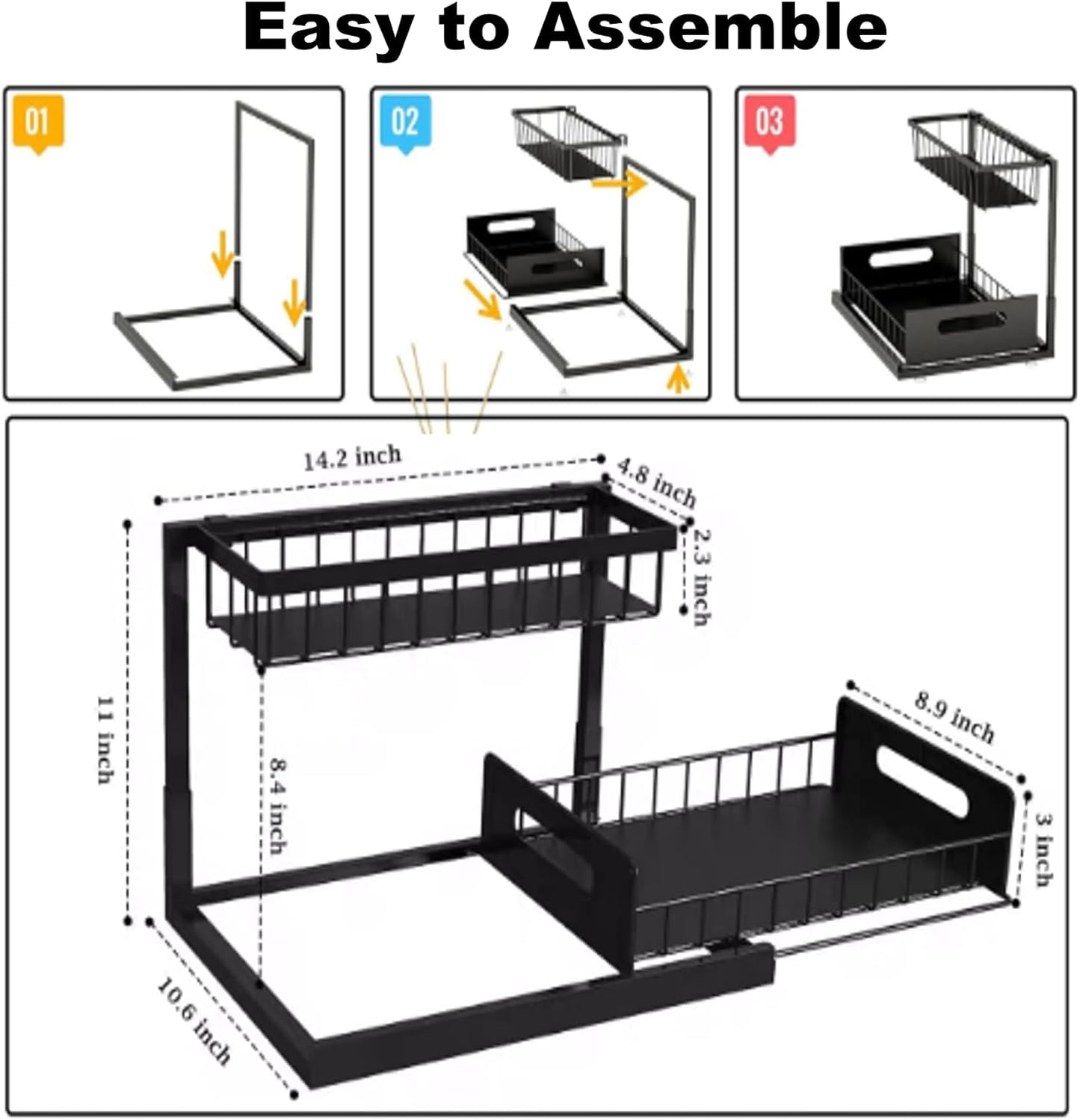2 Tier Under Sink Organizer, Storage for Kitchen Bathroom,Pull Out Cabinet Organizer Slide Out Sink Shelf Cabinet Storage Shelves (Black, 1 Pack)