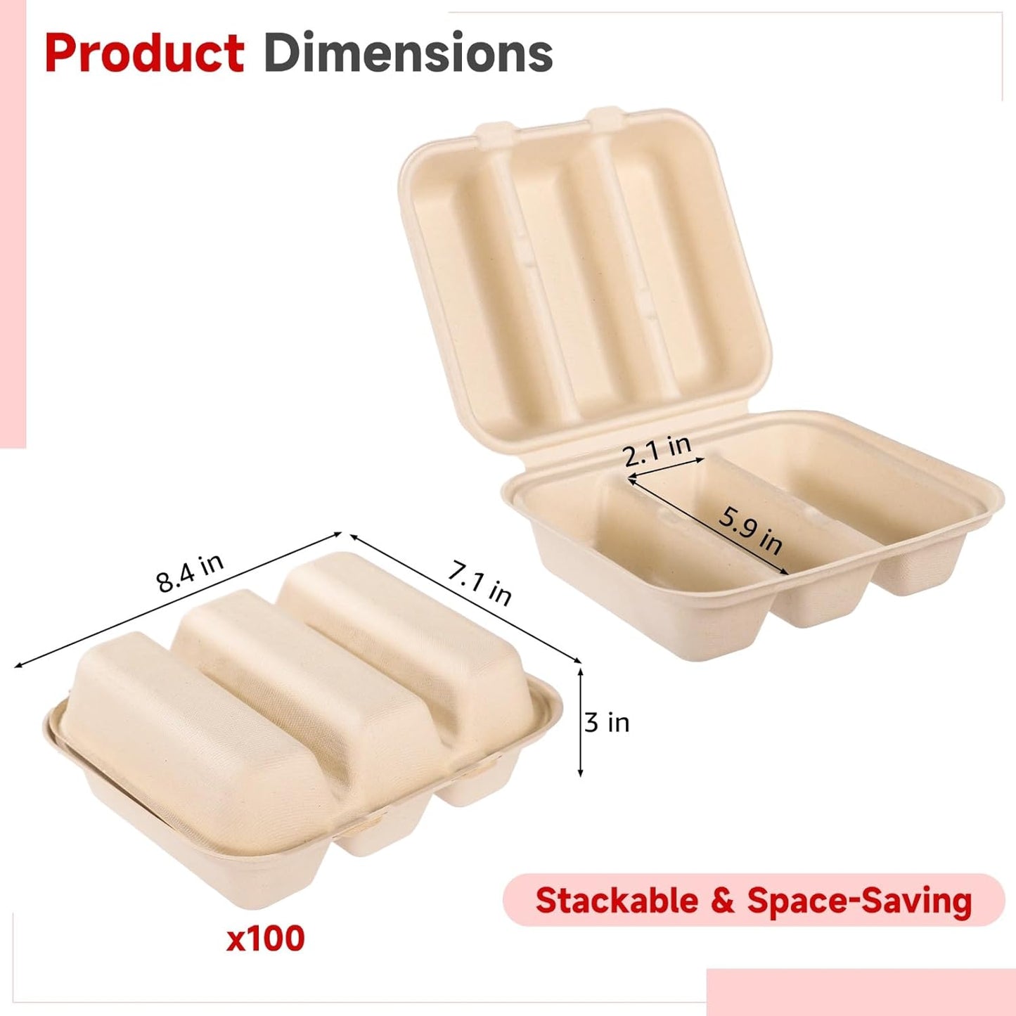 100 PCS Taco Plates Disposable with Lid, 3-Slot Taco Holder, Bagasse Pulp Takeout Food Holders for Tacos, Hot Dogs, Sandwiches, Outdoor Lunch and Party Serving (With Lid)