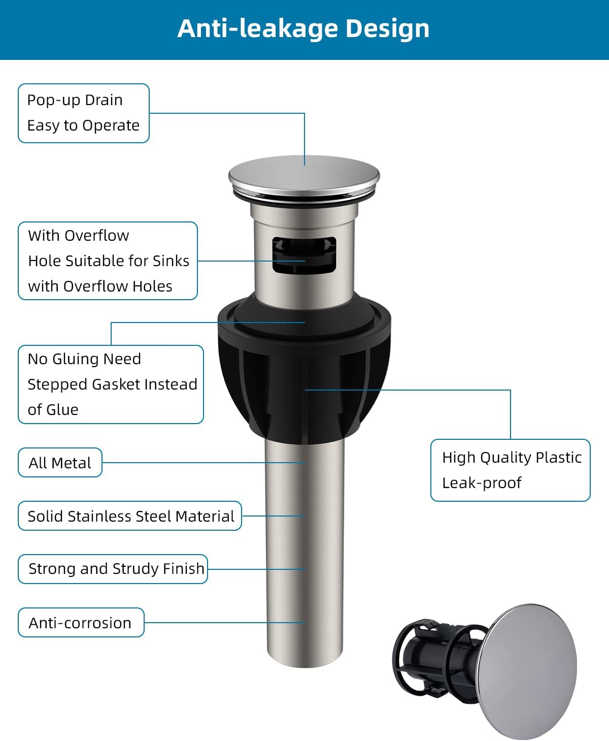 Hibbent 2 Pack Metal Bathroom Sink Drain with Overflow, Pop Up Detachable Stopper, Stainless Steel Vessel Lavatory Vanity Sink Strainer, Anti-Clogging Design, Chrome