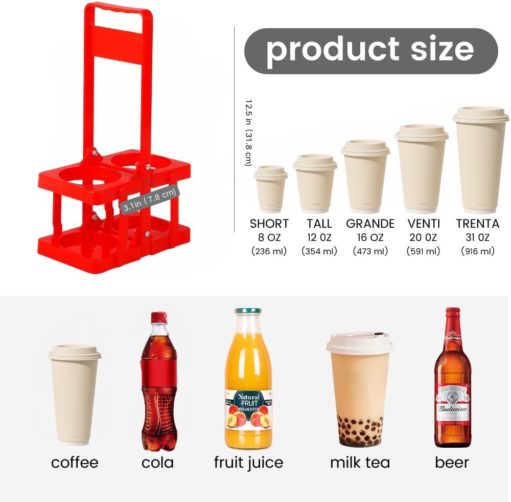 Musbus Reusable Drink Carrier with Handle for Doordash, Grubhub, Portable Cup/Coffee Holder Accessories for Delivery, Foldable Drinks Caddy with Tray, Car Durable Plastic Festive Bottle, Vacation