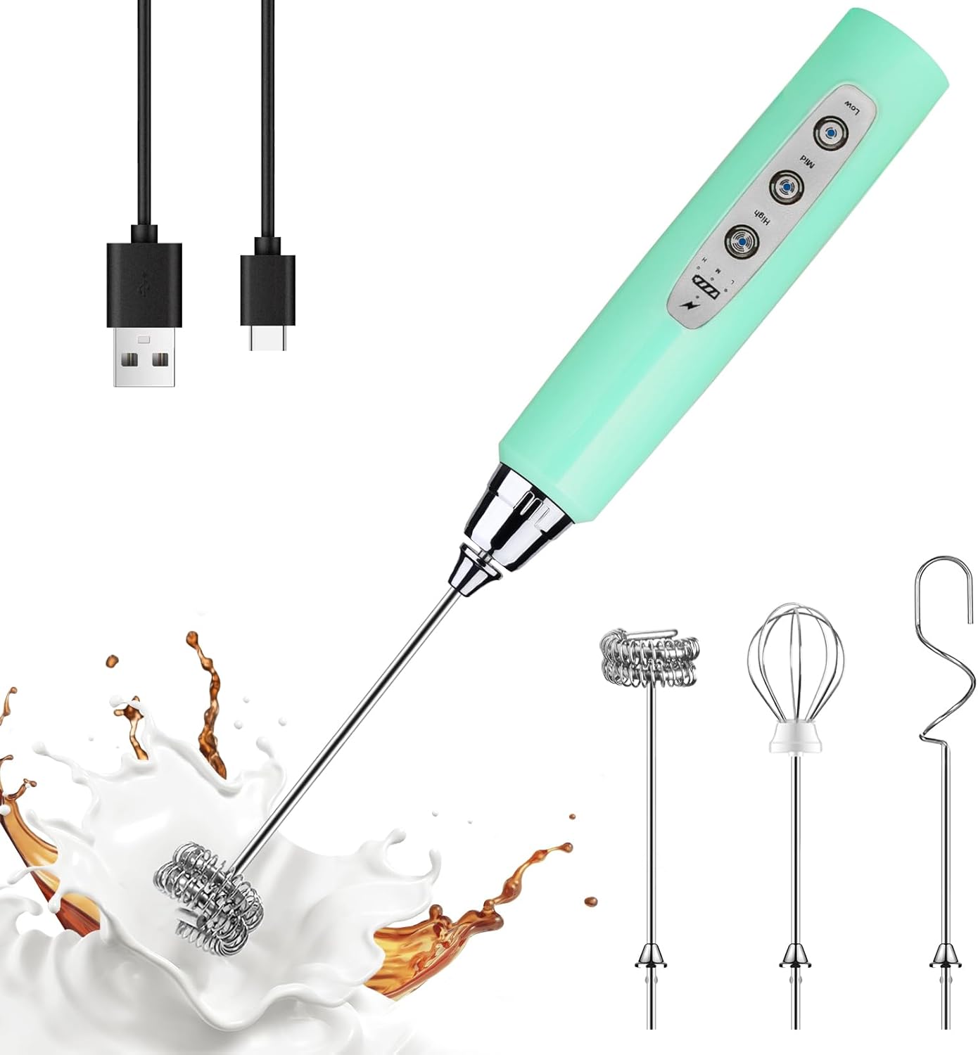 YUSWKO Baby Blue Handheld Milk Frother Wand for Coffee, Rechargeable Electric Whisk with 3 Heads 3 Speeds Drink Mixer Coffee Frother For Latte, Cappuccino, Hot Chocolate, Egg