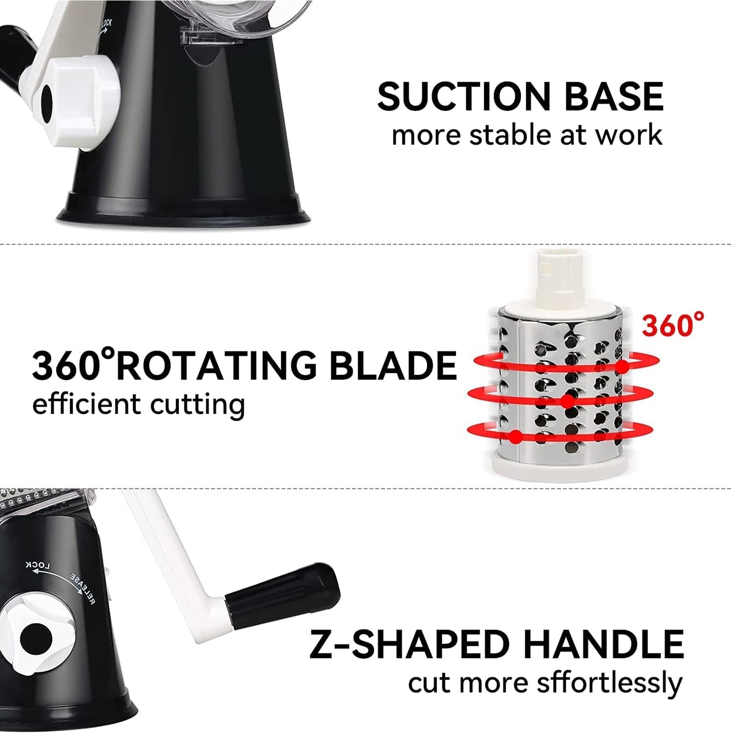 Rotary Cheese Grater Vegetable Shredder with Handle Round Kitchen Mandoline Slicer Grater for Nuts, Vegetable, Chocolate, Chesse - Black - 3 Replaceabe Stainless Steel Blades