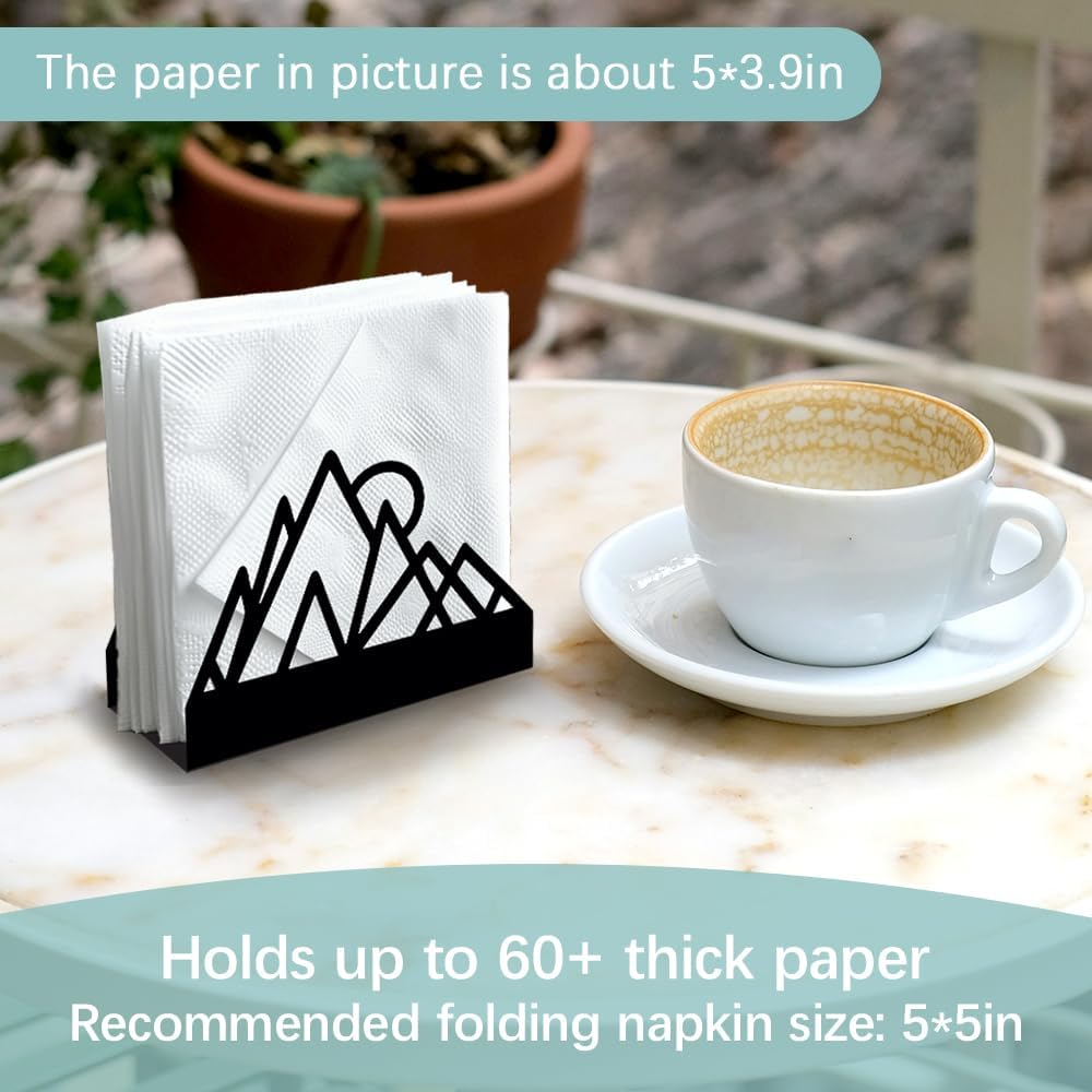 Geometric Mountains Decorative Black Metal Napkin Holder for Table, 4.9" x 4.9" x 1.9" Standing Napkin Holder for Home Kitchen Restaurant Picnic Party Coffee Bar Dining Room