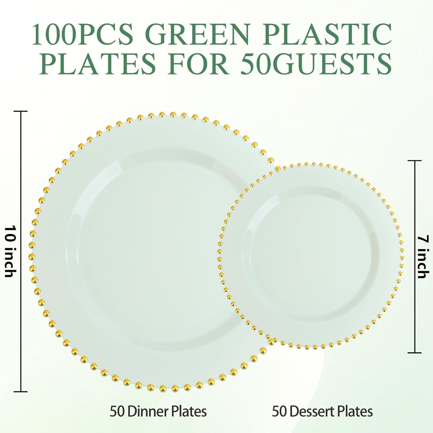 supernal 100pcs Green Disposable Plates - Green Heavy Duty Plastic Plates With Gold Beads - Include 10inch Dinner Plate and 7inch Plastic Dessert Plate - Disposable Serving Platters for Party,Wedding