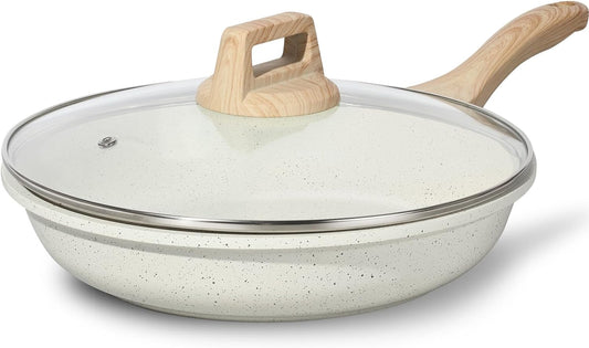 ESLITE LIFE Nonstick Ceramic Frying Pan Skillet with Lid, Non-Toxic Egg Omelette Kitchen Cooking Pans Compatible with All Stovetops (Gas, Electric & Induction), PTFE & PFOA Free (White, 8" w/Lid)