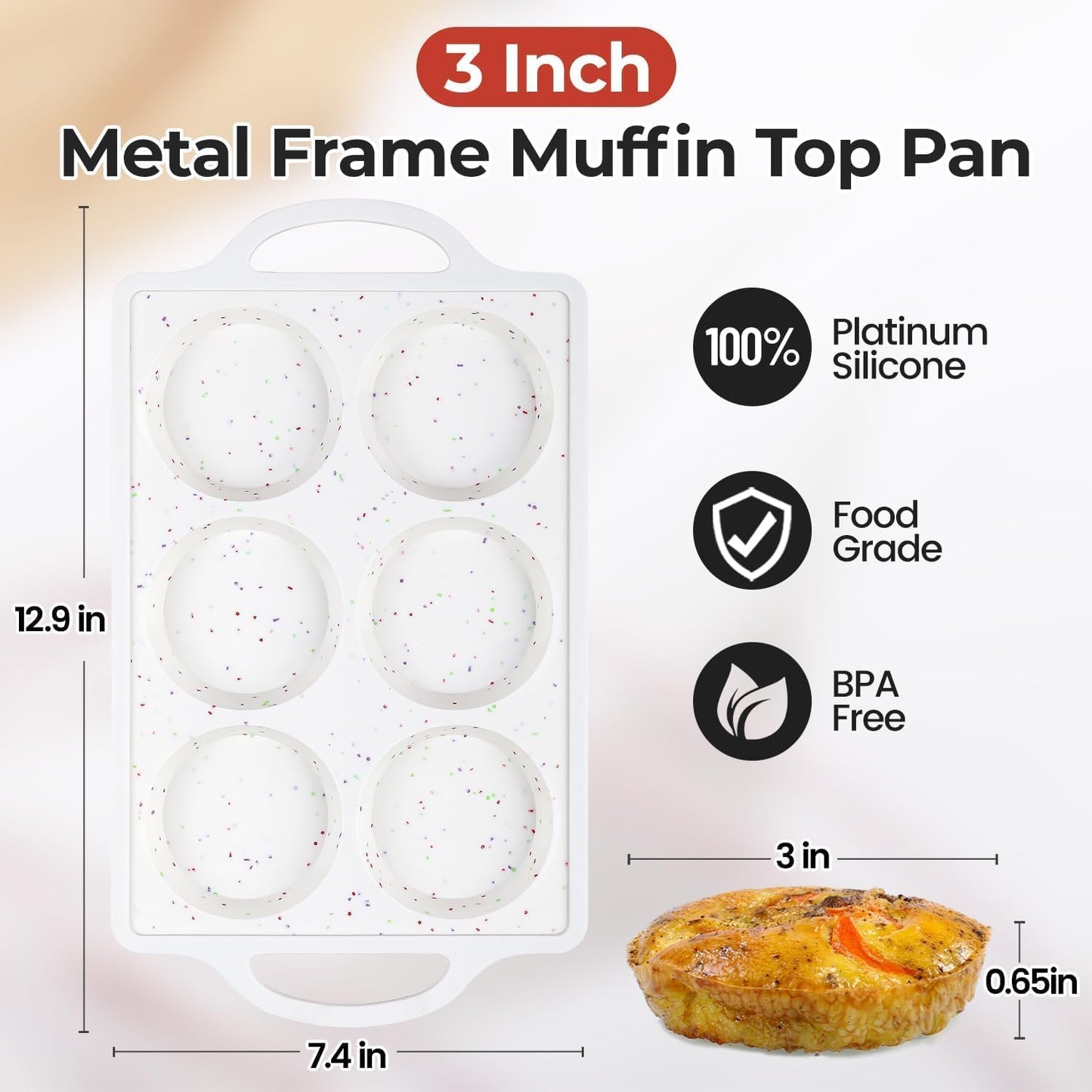 Muffin Top Pan Non Stick, Silicone Egg Molds for Breakfast Sandwiches 3 Inch Round Egg Baking Pan for Oven English Muffins, Whoopie Pies, Corn Bread, Tarts 2 Pack Confetti
