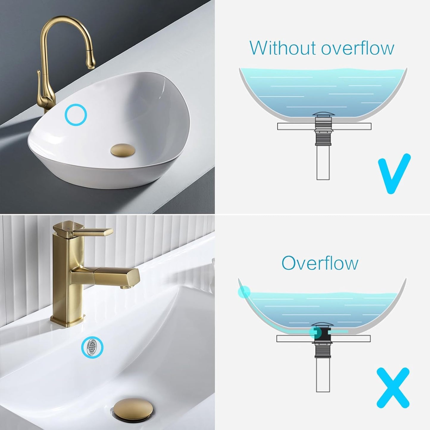 KAIYING Pop Up Drain, Bathroom Sink Drain Stopper, Vessel Sink Drain Assembly with Detachable Basket Stopper, Anti-Explosion and Anti-Clogging Drain Strainer (NO Overflow, Brushed Brass)