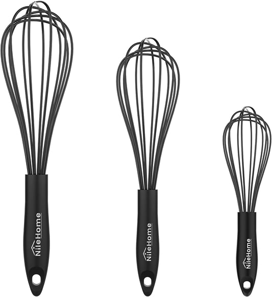 NileHome Upgrade Silicone Whisk Set 8" 10" 12" Kitchen Whisk Kitchen Wisk Wire Whisks for Cooking, Whisking, Blending, Beating, Stirring-Black