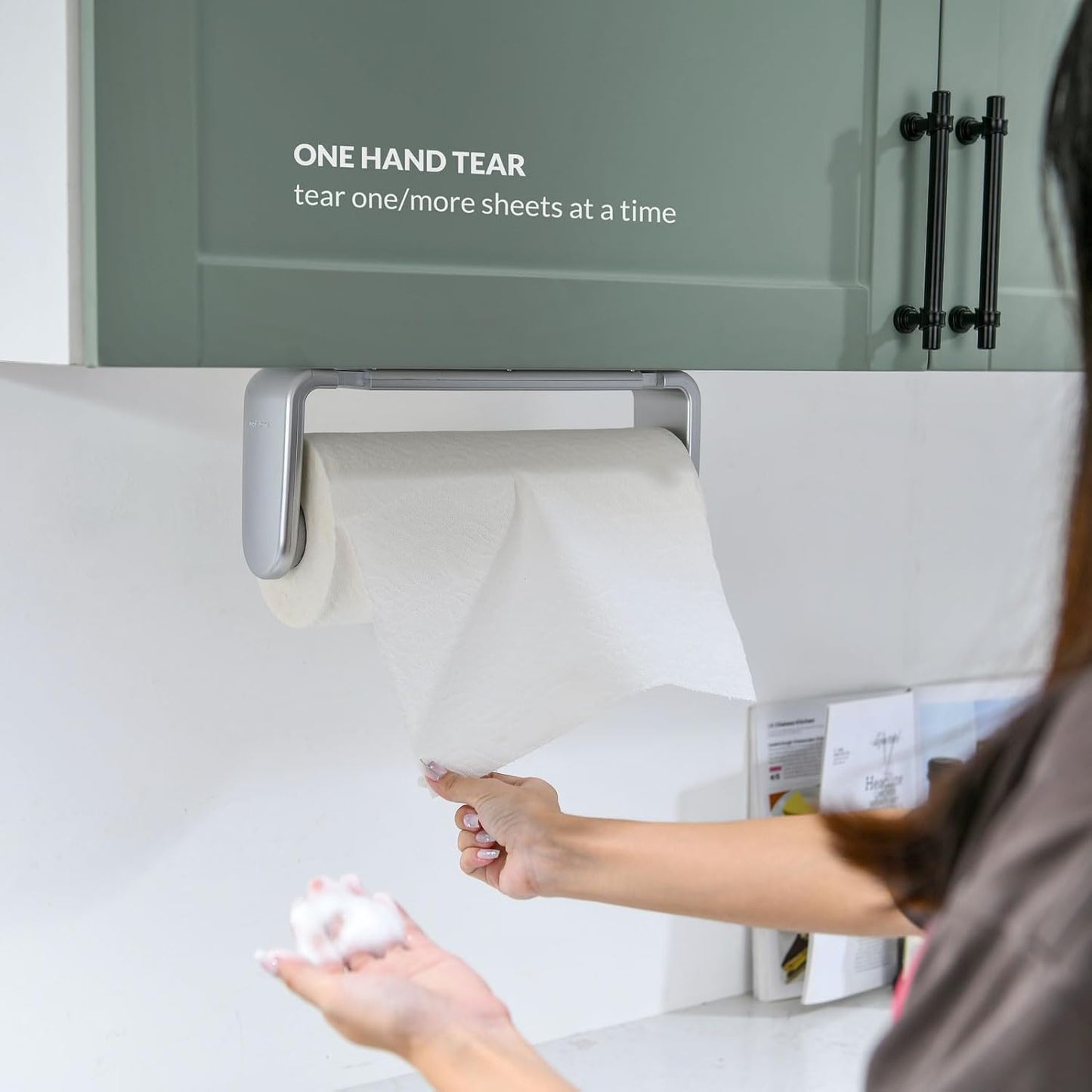 simpletome Paper Towel Holder Under Cabinet or Wall Mount ONE Hand Operation Tension Arm Kitchen Roll Holder (Silvery, for 24-28cm/9.4-11inches roll)