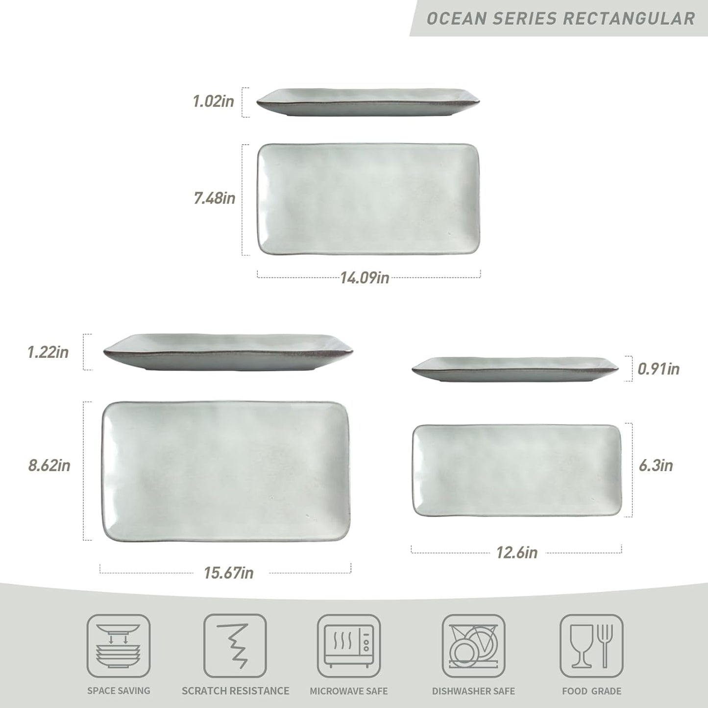 famiware Serving Platter, Rectangular 15.67/14.1/12.6inch Serving Dishes for Entertaining, Reactive Glaze, Stoneware Serving Trays for Party, Food, Turkey, Snack, Cheese, Ocean Series, Grey