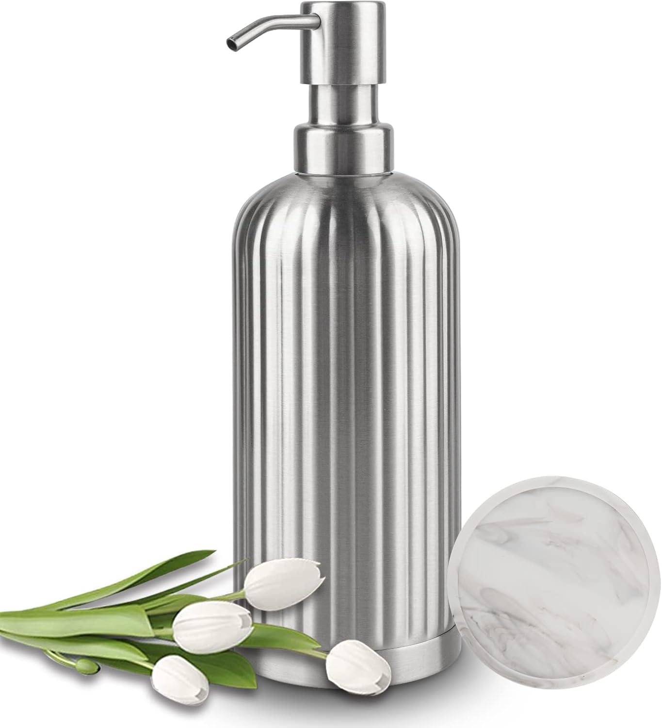 Soap Dispenser 18 Oz with Non-Slip Coaster, Stripe Design Dish Soap Dispenser Brushed Nickel, Refillable Liquid Hand Soap Dispenser for Bathroom, Kitchen Soap Dispenser Premium Stainless Steel