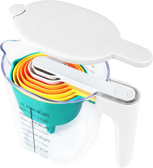Measuring Cups and Spoons set 10 Pieces, Stackable Measuring Cup with White Lid, Kitchen Cooking Baking Measuring Set for Liquid and Dry, BPA Free, Dishwasher Safe (Multicolor)