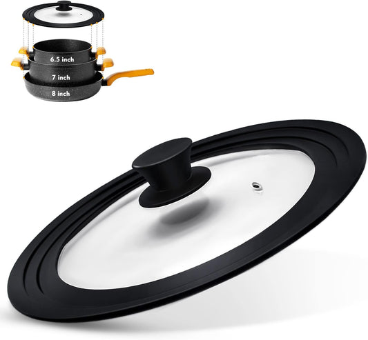 Universal Lid for Pots, Pans and Skillets, Pot Lid With Heat Resistant Silicone Rim and Tempered Glass,Fits 6.5", 7", 8" Diameter Pots and Pans