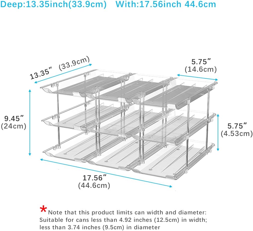 Can Organizer For Pantry, Adjustable Height And Width Canned Goods Organizer, Roller Soup Can Organizer Holds Up to 36 Cans for Kitchen Cabinet or Refrigerator(CLear 3 Tier)