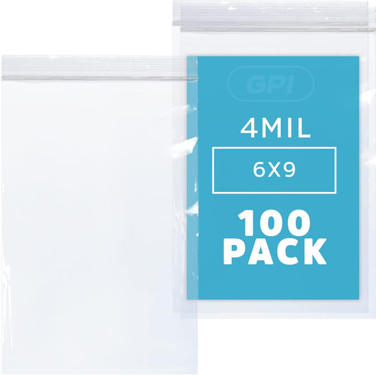 Clear Plastic Reclosable Zip Bags - Bulk GPI Pack of 100 6" X 9" 4 Mil Thick Heavy Duty, Strong & Durable Poly Baggies with Resealable Zipper Lock for Travel, Storage, Packaging & Shipping.