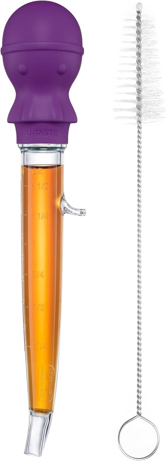 U-Taste 1.5oz Angled Turkey Baster - 228.2ºF Heat Resistant Food Grade Tritan and Silicone Large Octopus Bulb Baster Set with Cleaning Brush for Cooking Basting Meat Poultry Beef Chicken (Purple)